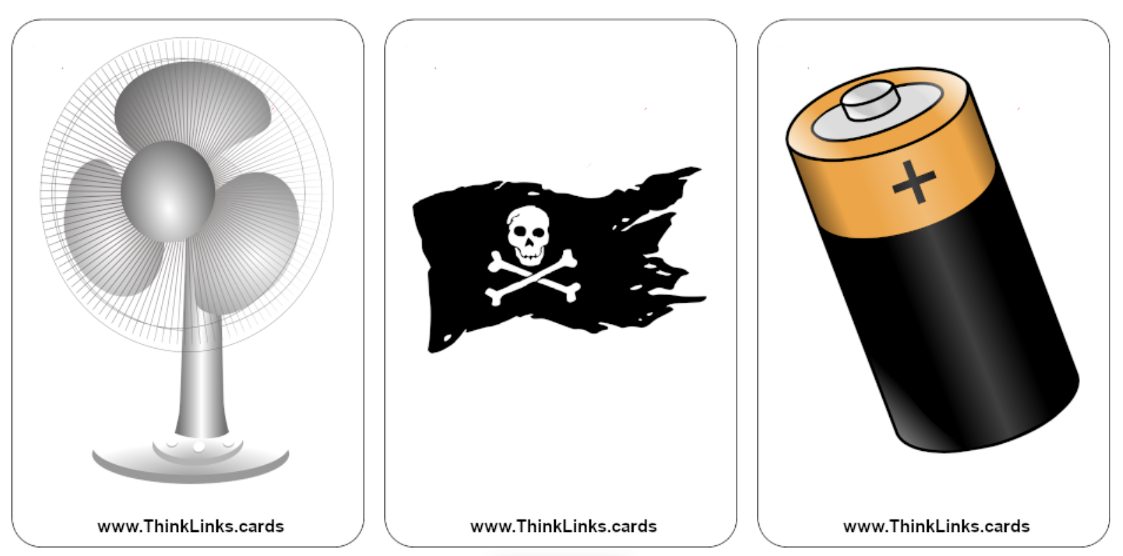Think Links icebreaker game cards of a fan, pirate flag, battery