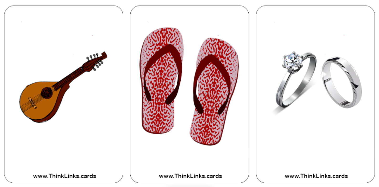 Think Links icebreaker game cards of an ukulele, flip-flops, engagement ring