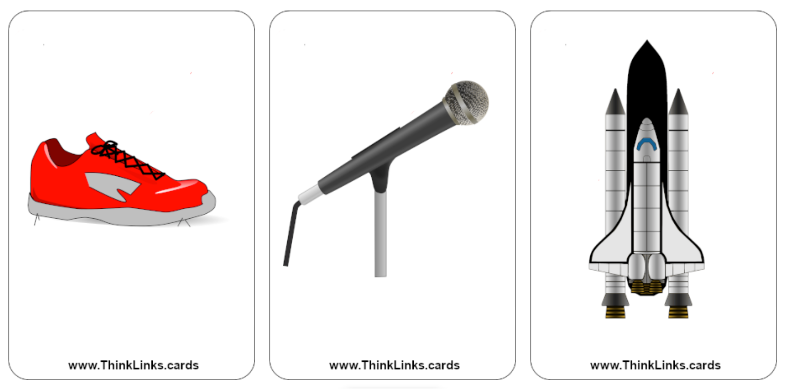 Think Links icebreaker game cards of a trainer, karaoeke mic, space shuttle