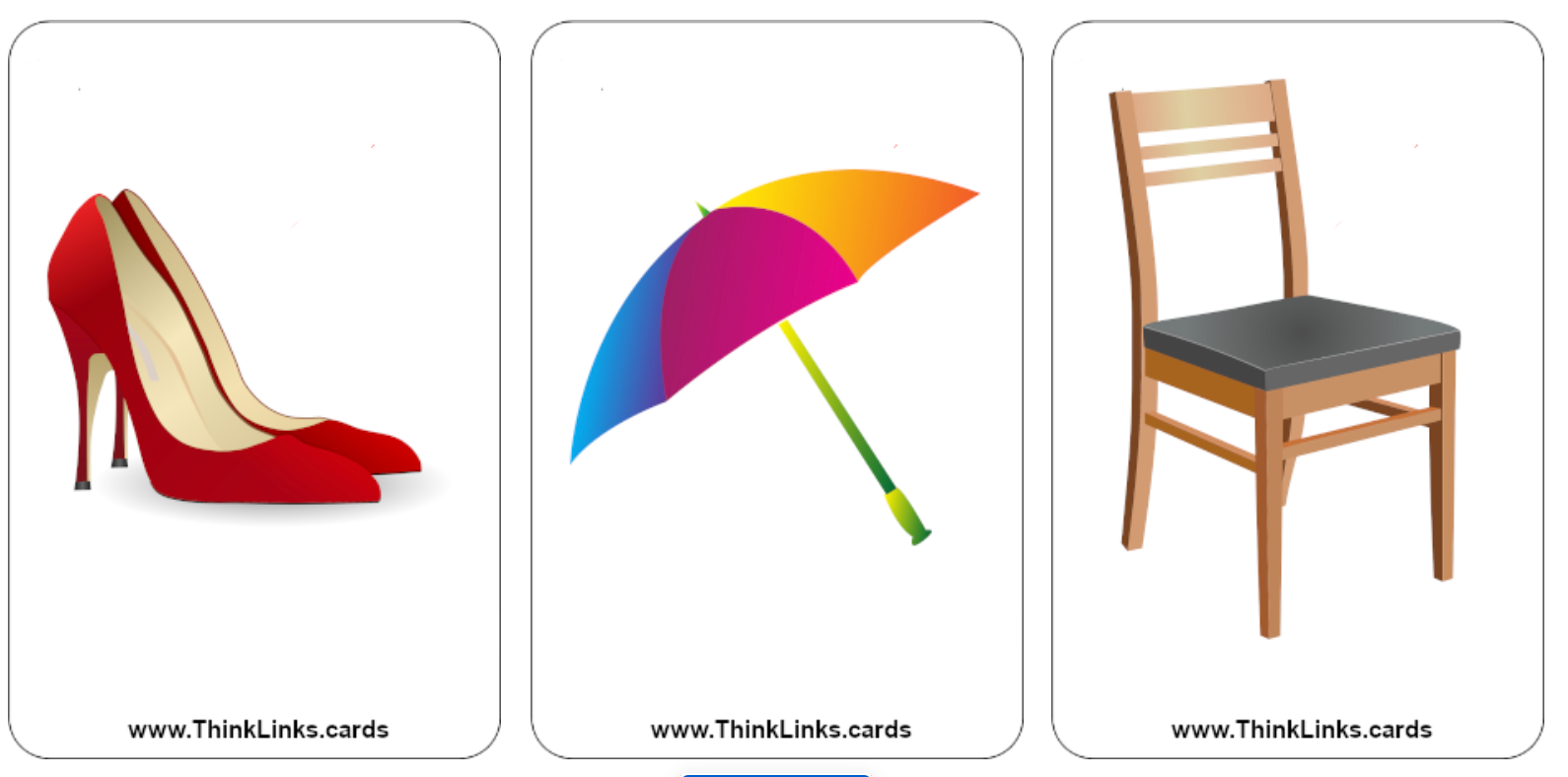 Think Links icebreaker game cards of high-heel shoes, umbrella, chair