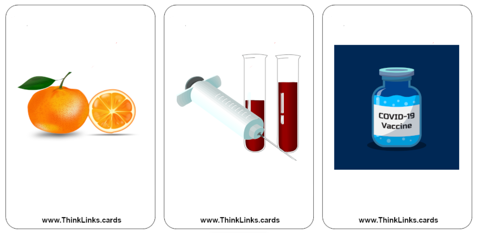 Think Links icebreaker game cards of an orange, syringe, covid-19 vaccine